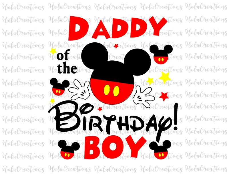 May include: A red, black, and yellow birthday card with a Mickey Mouse head and the text "Daddy of the Birthday Boy".