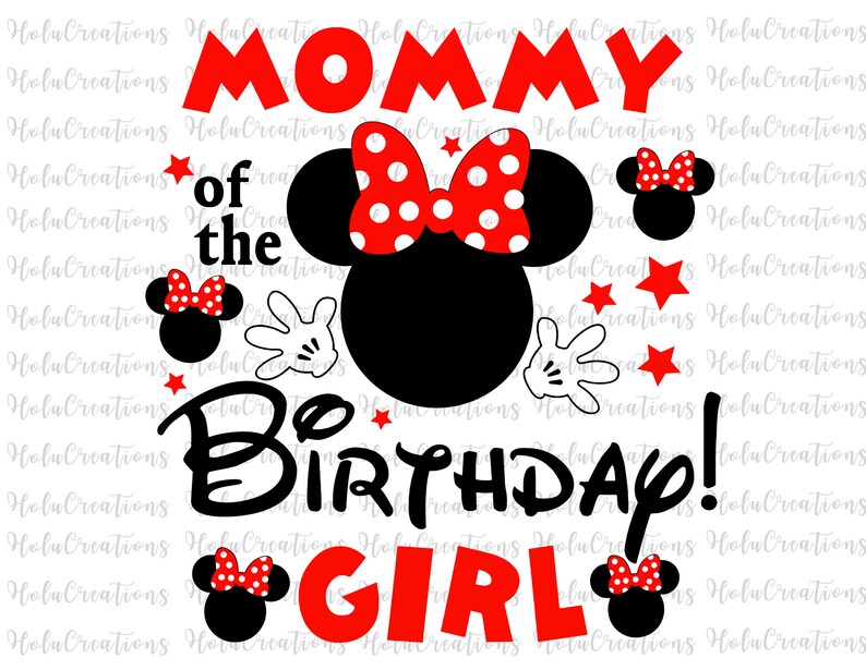 Puede incluir: Un dise&ntilde;o gr&aacute;fico negro y rojo con el texto "Mommy of the Birthday Girl" y una cabeza de Mickey Mouse con lunares rojos y un lazo rojo.