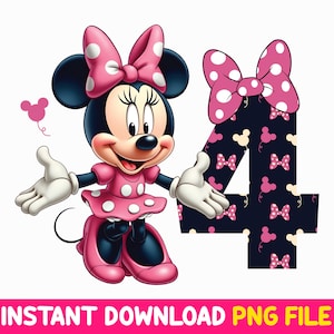 May include: A pink and black Minnie Mouse character with a pink bow and polka dot dress stands next to a large black number four with a pink bow and polka dot pattern. The number four is surrounded by a pattern of pink bows and Minnie Mouse ears.