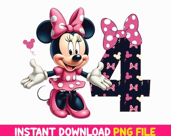 Niña de 4.º cumpleaños (PNG), Ideas de regalos para amantes de Minnie Mouse, Clip art de feliz 4.º cumpleaños para niños de 4 años, Temas para fiestas de 4.º cumpleaños infantiles en rosa y negro