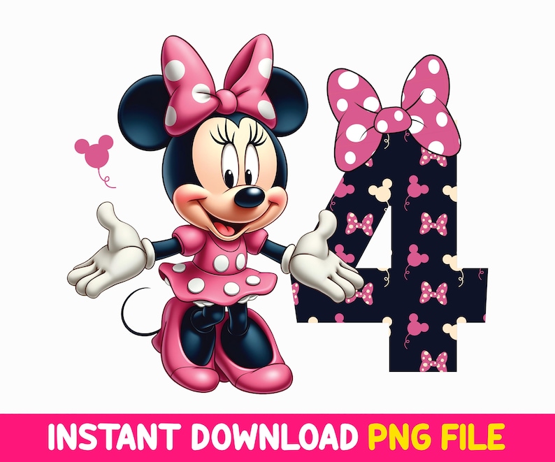 May include: A pink and black Minnie Mouse character with a pink bow and polka dot dress stands next to a large black number four with a pink bow and polka dot pattern. The number four is surrounded by a pattern of pink bows and Minnie Mouse ears.