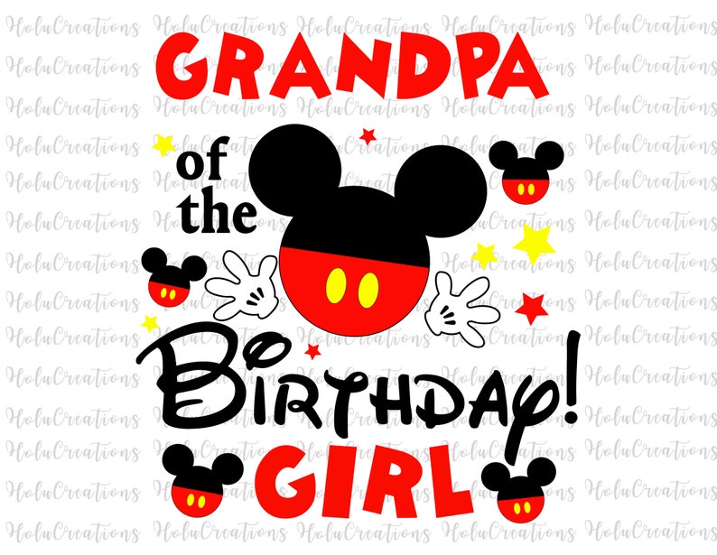 Puede incluir: Un dise&ntilde;o gr&aacute;fico rojo, negro y amarillo con orejas de Mickey Mouse y un guante blanco. El texto dice "Grandpa of the Birthday Girl".