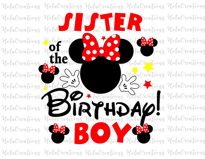 May include: A red and black Minnie Mouse design with white polka dots and a red bow. The text "Sister of the Birthday Boy" is written in black and red.