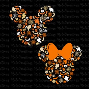 May include: Two Halloween-themed Mickey Mouse silhouettes filled with orange, white, and gold icons. The icons include pumpkins, bats, ghosts, spiderwebs, and crescent moons. One silhouette has an orange bow.
