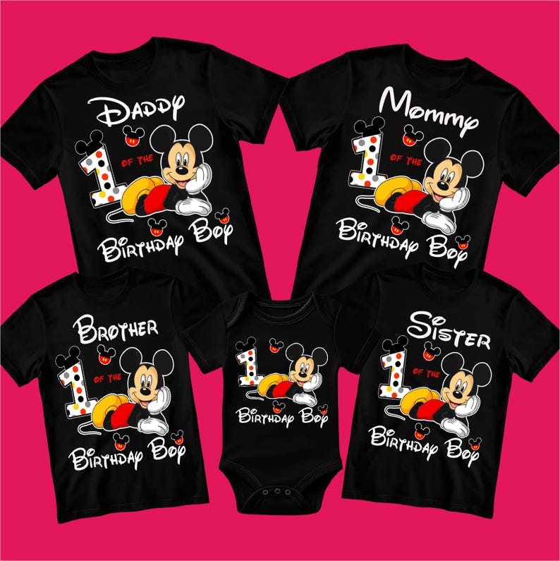 May include: Black family birthday shirts and a onesie featuring Mickey Mouse. The shirts read "Daddy," "Mommy," "Brother," and "Sister," with "1 of the Birthday Boy" and Mickey Mouse graphics. The onesie also has a Mickey Mouse graphic.