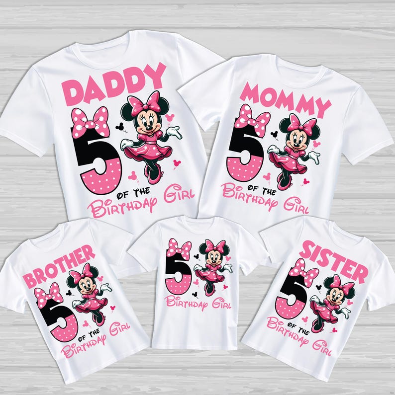 May include: A set of four white t-shirts with pink and black Mickey Mouse designs. The shirts say "Daddy", "Mommy", "Brother", and "Sister" with the number "5" and the text "of the birthday girl".