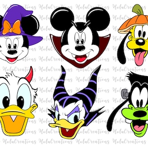 May include: A collection of six cartoon character faces in Halloween costumes. Minnie Mouse wears a witch hat, Mickey Mouse is a vampire, and Pluto has a pumpkin hat. Donald Duck is a devil, Daisy Duck is a witch, and Goofy is a Frankenstein monster.