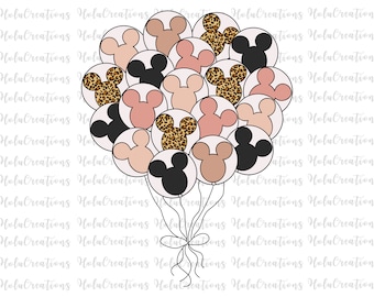 May include: A cluster of round balloons tied together with strings, each featuring a mouse-ear silhouette. The balloons display various patterns and colors, including solid black, soft pink, tan, and a brown leopard print design on a white background.