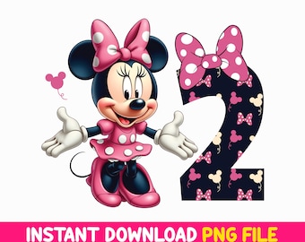 May include: A pink and black Minnie Mouse character with a pink bow and polka dot dress stands next to a large black number 2 with a pink and white polka dot pattern. The number 2 is surrounded by a pattern of pink Minnie Mouse ears and bows.