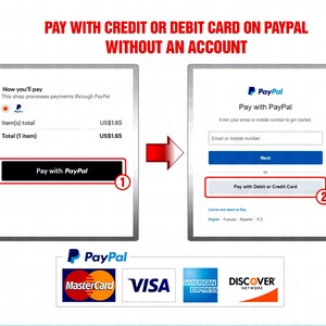 May include: A screenshot of a PayPal checkout page showing two options for paying: "Pay with PayPal" and "Pay with Debit or Credit Card". The page also shows the logos for Mastercard, Visa, American Express, and Discover.
