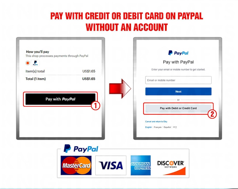 May include: A screenshot of a PayPal checkout page showing two options for paying: "Pay with PayPal" and "Pay with Debit or Credit Card". The page also shows the logos for Mastercard, Visa, American Express, and Discover.