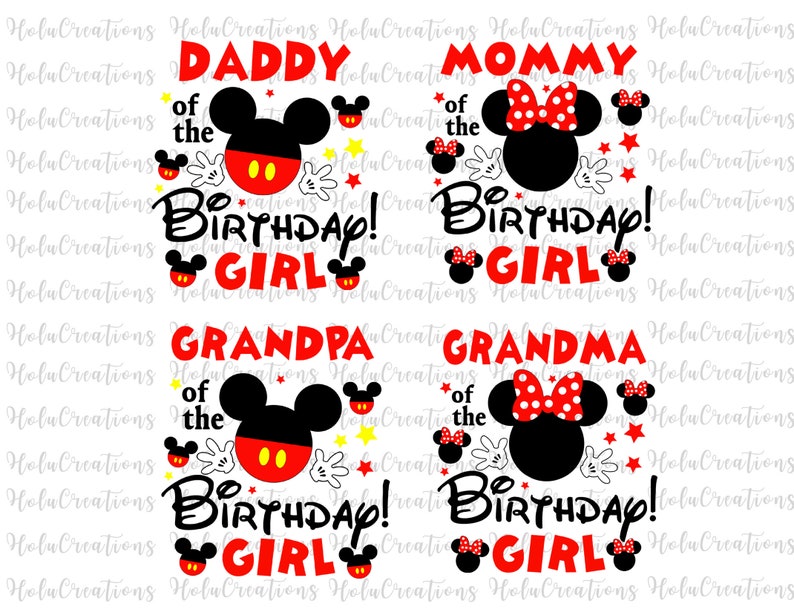 Puede incluir: Cuatro dise&ntilde;os digitales con los personajes de Mickey Mouse y Minnie Mouse. Cada dise&ntilde;o incluye el texto "Pap&aacute; de la ni&ntilde;a de cumplea&ntilde;os", "Mam&aacute; de la ni&ntilde;a de cumplea&ntilde;os", "Abuelo de la ni&ntilde;a de cumplea&ntilde;os" y "Abuela de la ni&ntilde;a de cumplea&ntilde;os".