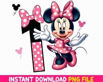 Buon compleanno bambina PNG, design Disney carino Minnie Mouse 1° numero, maglietta per il primo compleanno, 1 anno, download immediato Cupcake Pick 2026