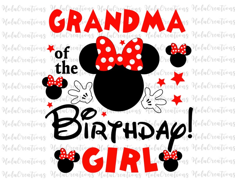 Puede incluir: Un gr&aacute;fico rojo y negro con el texto "Abuela de la ni&ntilde;a de cumplea&ntilde;os" y una imagen de dibujos animados de Minnie Mouse con lunares rojos y un lazo rojo.