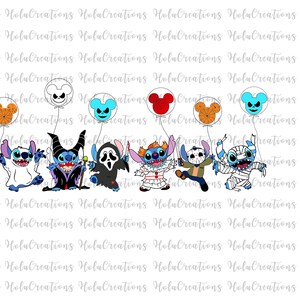 May include: A digital graphic featuring six blue alien characters dressed in various costumes, including a ghost, a dark sorcerer, a masked figure, a clown, a hockey player, and a mummy, each holding a Mickey Mouse-shaped balloon on a string.