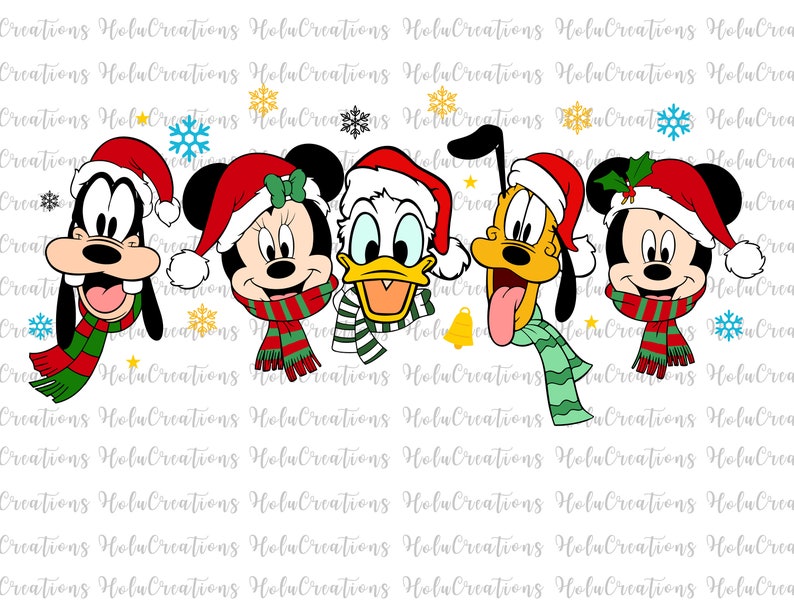 May include: A festive illustration featuring cartoon characters Goofy, Minnie Mouse, Donald Duck, Pluto, and Mickey Mouse. Each character is wearing a Santa hat and a scarf in Christmas colors. Snowflakes and stars are scattered around the characters.