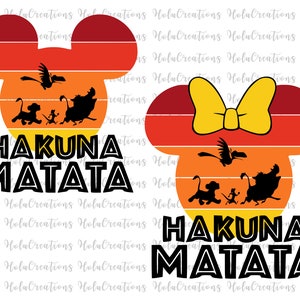 May include: A retro-style Mickey Mouse silhouette with a yellow bow, featuring a scene from the movie The Lion King. The silhouette is set against a background of orange, red, and yellow stripes. The text "Hakuna Matata" is printed in black below the silhouette.