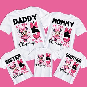 5º aniversário menina Minnie PNG, 2025 família camisas design filha 5º aniversário, papai mamãe irmã irmão da aniversariante rosa Minnie Mouse