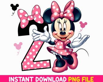 May include: A pink and white polka dot number two with a cartoon image of Minnie Mouse wearing a pink polka dot dress and a pink bow. Minnie Mouse is holding her arms out and smiling.