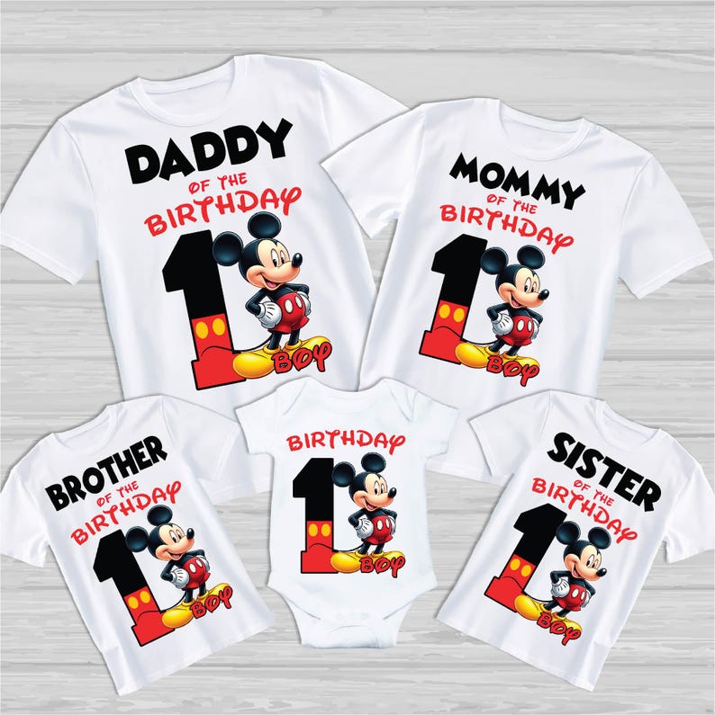 May include: Set of five white t-shirts featuring a cartoon Mickey Mouse character with the text "Daddy of the Birthday", "Mommy of the Birthday", "Brother of the Birthday", "Sister of the Birthday", and "Birthday" on each shirt.