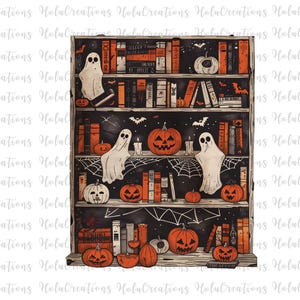 May include: A Halloween-themed bookshelf illustration with pumpkins, ghosts, and books. The bookshelf is filled with orange and white pumpkins, books, and spooky decorations. The background is black, and the overall design has a vintage feel.