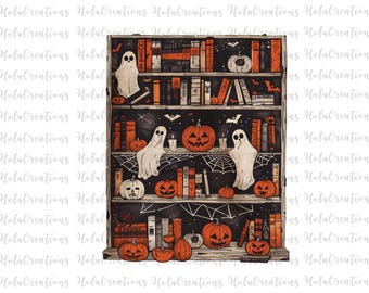 Halloween Library Png, Ghost Books Halloween 2026, Reading Books, Bookcase Shirt Design Book Club, Book Lover, Teacher Bat Spooky Season Png