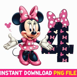 May include: A pink and black Minnie Mouse character with a pink bow and polka dot dress stands next to a large black number four with a pink bow and polka dot pattern. The number four is surrounded by a pattern of pink bows and Minnie Mouse ears.