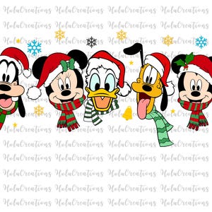 May include: A digital illustration featuring five Disney characters: Goofy, Minnie Mouse, Donald Duck, Pluto, and Mickey Mouse. Each character is wearing a Santa hat and a scarf in Christmas colors. Snowflakes and stars are scattered around the characters.