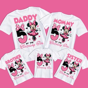 5º aniversário menina PNG, 2025 família combinando camisa design filha 5º aniversário, papai mamãe irmã irmão menina Minnie Mouse presente rosa disne_y
