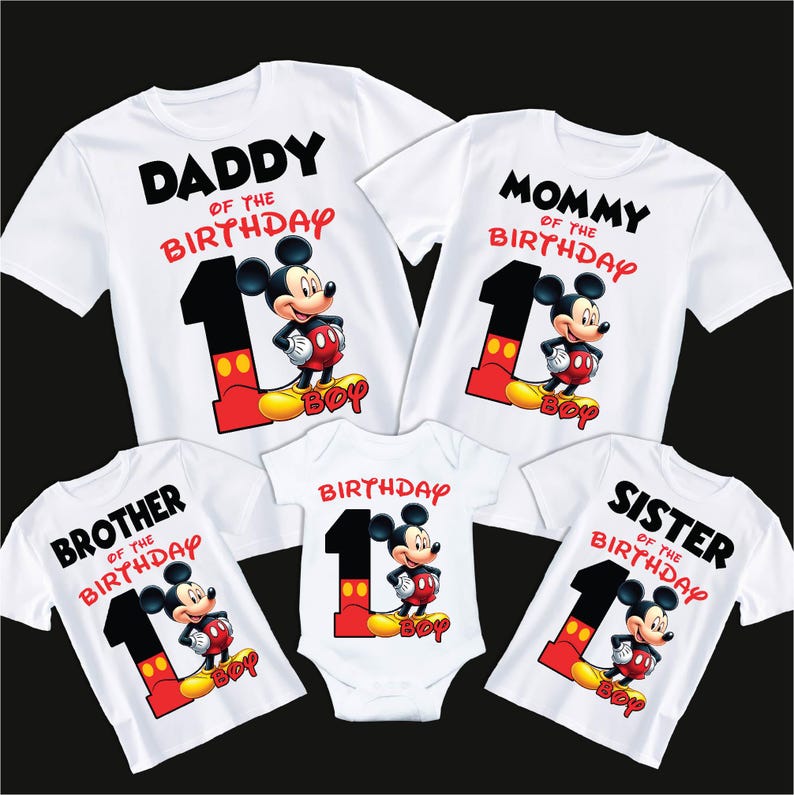 May include: A set of five white t-shirts featuring a Mickey Mouse design with the text "Daddy of the Birthday", "Mommy of the Birthday", "Brother of the Birthday", "Birthday", and "Sister of the Birthday".