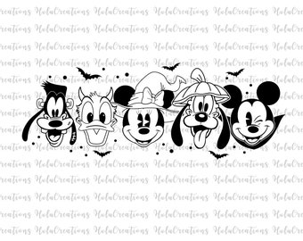 May include: Black and white Halloween-themed graphic featuring cartoon character faces: Goofy, Donald Duck, Minnie Mouse, Pluto, and Mickey Mouse. Bats and dots are scattered around the characters. The text "HoluCreations" is repeated in the background.