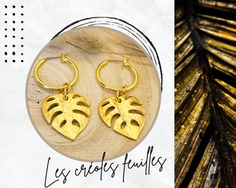 Boucles d’oreilles pendantes créoles en plaqué or feuille, bijoux  pour femme boho