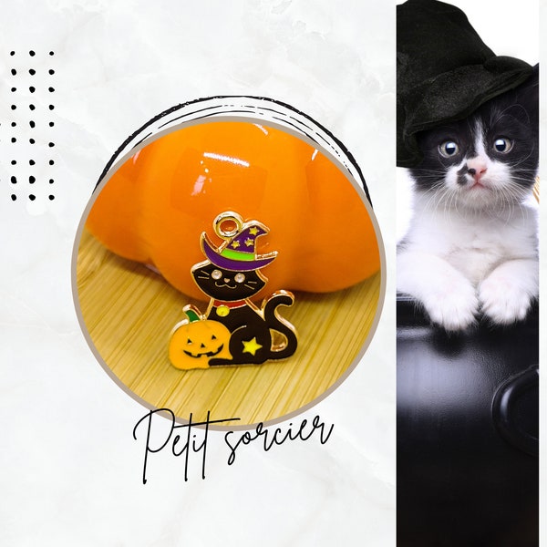 1 breloque plate petit chat d'halloween et sa citrouille