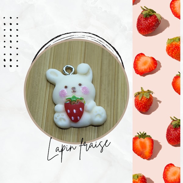 1 breloque lapin et sa fraise toute mignonne en résine, bijoux de pâques