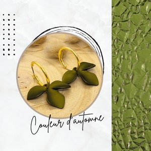 Olive green flower gold-plated hoop dangling earrings, boho women&#39;s jewelry