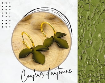 Boucles d’oreilles pendantes créoles en plaqué or fleur vert olive, bijoux  pour femme boho