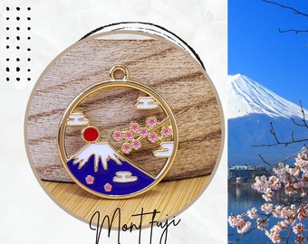 1 breloque plate japon, mont fuji et cerisier en fleurs