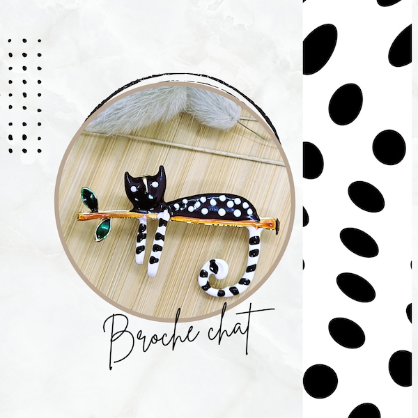 Broche beau chat noir et blanc dormant sur une branche, idée cadeau, bijoux chat