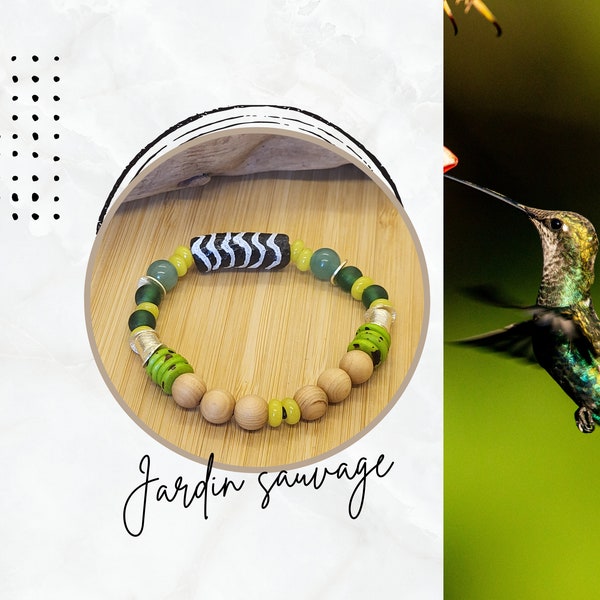 Bracelet vert en verre recyclé, os recyclé, bois et aventurine, boho, holistique, bracelet ethnique et nature