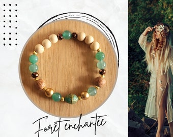 Green nature bracelet made of natural stones, boho bracelet, romantic and boho chic gift idea, wood and seed aventurine bracelet