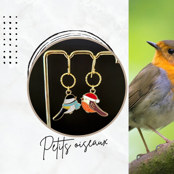 Boucles d'oreilles avec petits oiseaux, bijoux nature, bijoux d'hiver, boucles d'oreilles pendantes asymétriques, cadeau adulte ou enfant