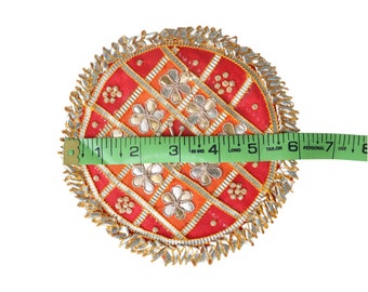 Zardosi Flower Applique, Gota Ribbon Patch, Indian Hand Embroidery (5.5 inch, 5 pcs)