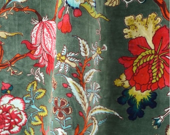 Floral Velvet Upholstery Fabric, Hand Printed Bird Paradise Pattern