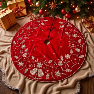 Velvet Christmas Tree Velvet Skirt Red 48 inch Christmas Velvet Handmade Embroidered Tree Skirt Christmas decorations Christmas gift
