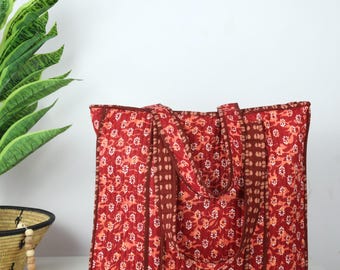 Hand-Printed Quilted Cotton Tote Bag, Floral Red Boho Market Bag