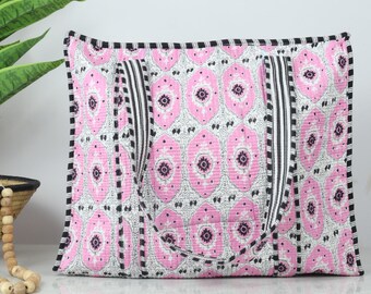Pink Floral Quilted Tote Bag, Hand-Printed Cotton Shopper