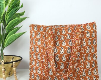 Hand-Printed Quilted Tote Bag, Rust Floral Cotton, Eco-Friendly