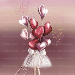 Menina com balões, rosa, rosa, amor, Dia dos Namorados, cartão postal, pôster, adequado para impressão em canecas, mural, camiseta, capa de telefone...
