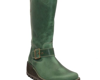 Oxygen Wedge Mid Calf Zip Up Boot Danube Forest Green