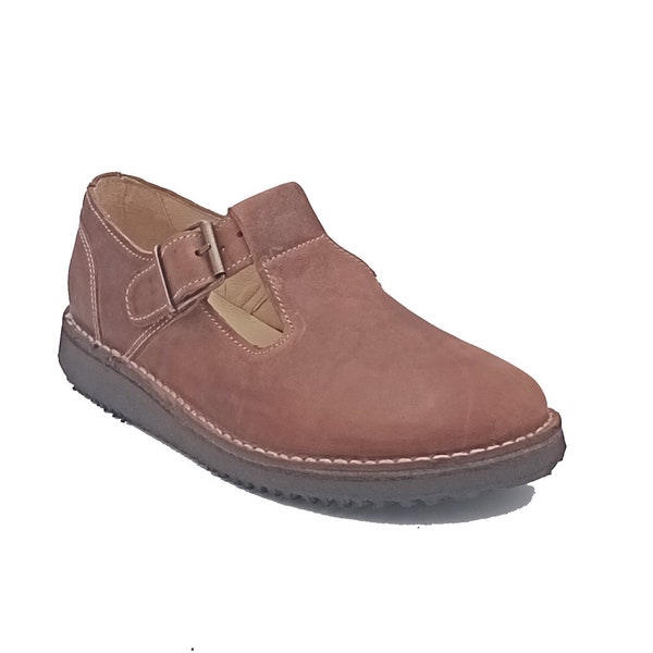 Oxygen Stitch Down T Bar Leather Shoe Cologne Brown